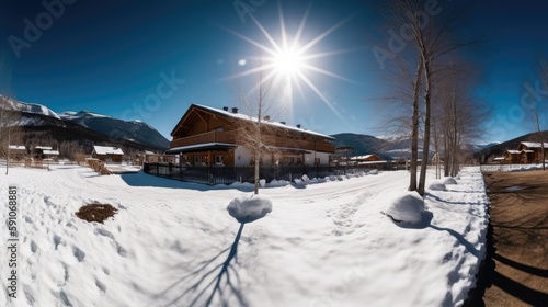 A beautiful holiday resort in the alps. Bright sunlight on the snow and a beautiful nature. Generative AI image