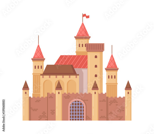 Castle or stronghold, isolated fortification or citadel with flags and towers. Medieval architecture and construction, tourist attraction royal palace. Vector in flat cartoon illustration