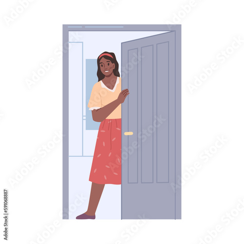 Female character opening doors to apartment. Woman homeowner standing by doorway inviting in. Entering or exiting. Vector afro american lady waiting for guests in flat cartoon illustration