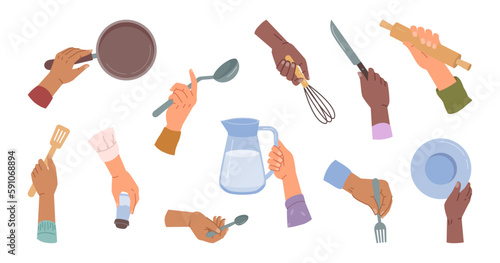 Preparing dishes and cooking meal, isolated hands with kitchenware and cutlery. Making food, baking and frying on pan. Vector in flat cartoon illustration