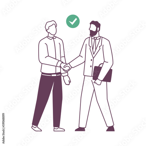 Partnership and agreement between businessmen. Handshaking employees, common interest and deal or settlement, support. Vector in flat cartoon illustration © Sensvector
