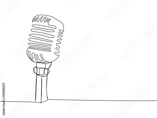 Retro microphone one line art. Continuous line drawing of musical, mic, broadcasting, microphone, radio, music, karaoke, audio, sound, retro, record, broadcast, media