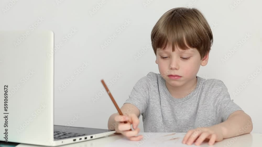 Boy sit at table studying at home online use laptop, holds pen make notes in copybook, Video call, homeschooling, modern tech concept Boy sit at table studying at home online use laptop, holds pen make notes in copybook, Video call, homeschooling, modern tech concept