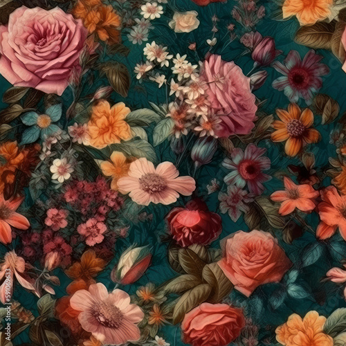 An Explosion of Color: Hyper Realistic Vintage Florals with an Intricate Seal Pattern