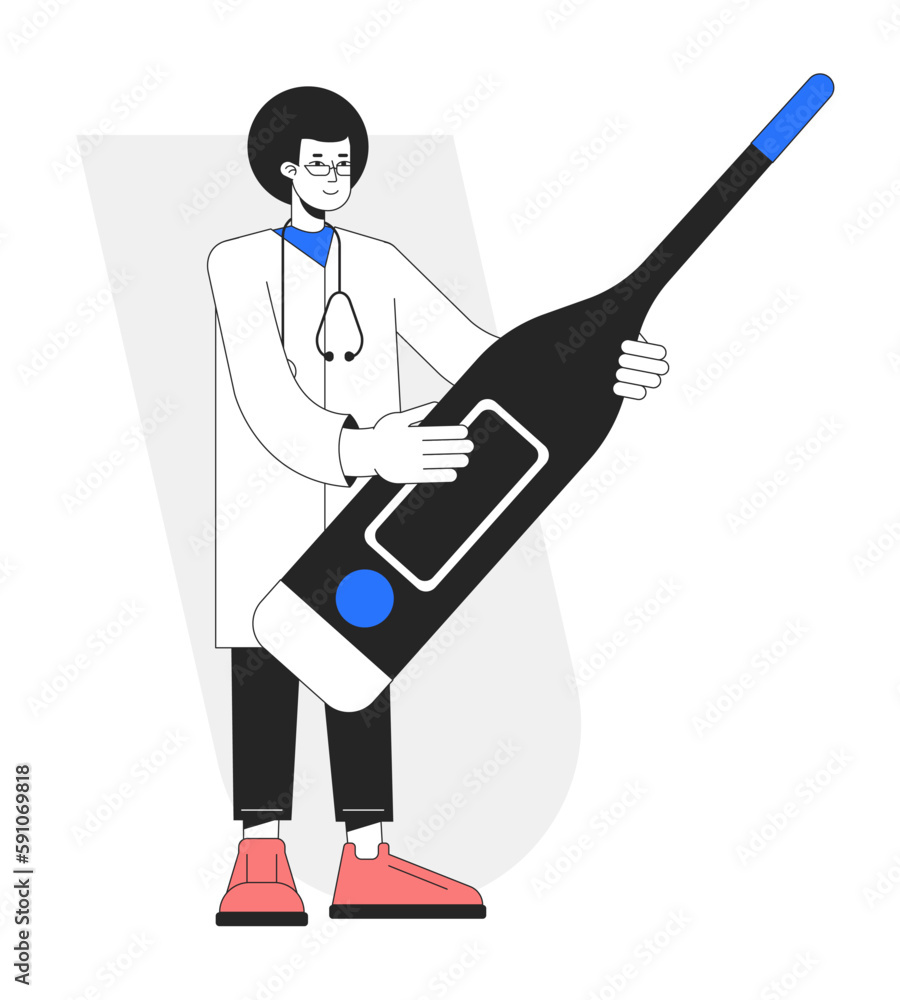 Physician with digital thermometer for fever flat line concept vector spot illustration. Doc 2D cartoon character on white for web UI design. Editable hero image for website landings, mobile headers Physician with digital thermometer for fever flat line concept vector spot illustration. Doc 2D cartoon character on white for web UI design. Editable hero image for website landings, mobile headers