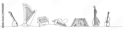 String musical instruments set one line art. Continuous line drawing of kobza, bandura, lute, sitar, harp, musical, lira, harmonium, lyre, tsymbaly, dulcimer