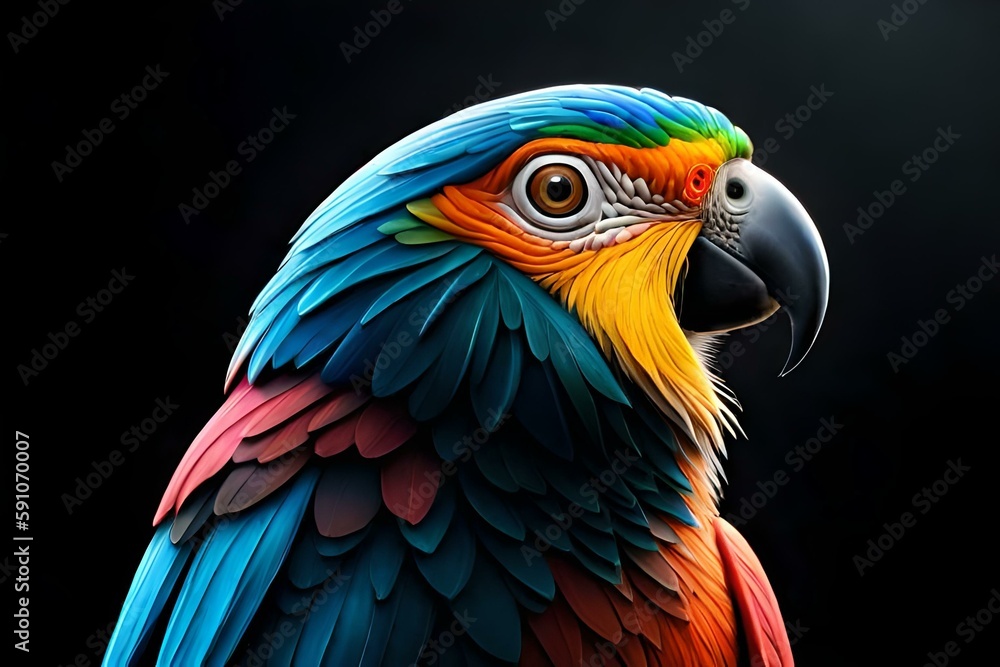 Portrait Macaw Bird in black background, Generative AI