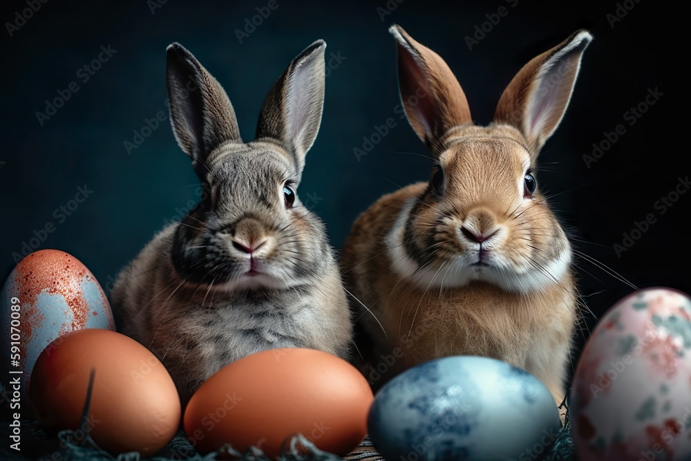 Fototapeta premium Easter bunnies at Easter time between Easter eggs. - Generative AI