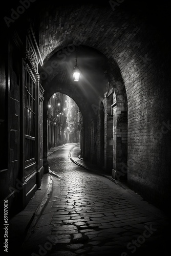 Tunnel in the dark. Some beautifull light in scene. Underground city.  Created using generative AI. © Gautier