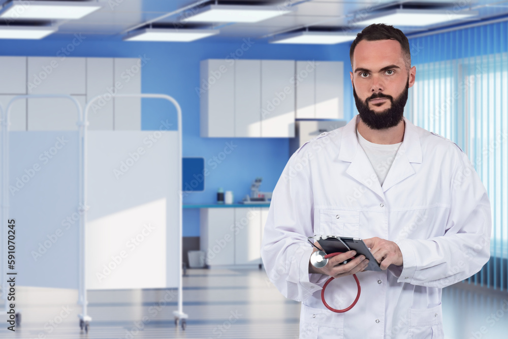 Man doctor. Head physician hospital. Guy in white coat in clinic building. Doctor with stethoscope and electronic tablet. Career in medical laboratory. Doctor looks into camera. Man medic with gadget Man doctor. Head physician hospital. Guy in white coat in clinic building. Doctor with stethoscope and electronic tablet. Career in medical laboratory. Doctor looks into camera. Man medic with gadget
