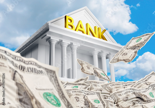 Money near bank. Dollar ban...