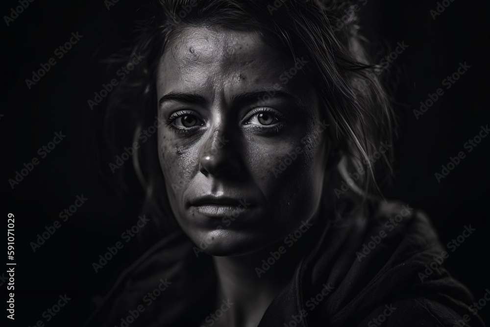 A dramatic and moody black and white portrait of a person with striking features, expressing emotion and personality. Generative Ai. Woman in stressful situation A dramatic and moody black and white portrait of a person with striking features, expressing emotion and personality. Generative Ai. Woman in stressful situation