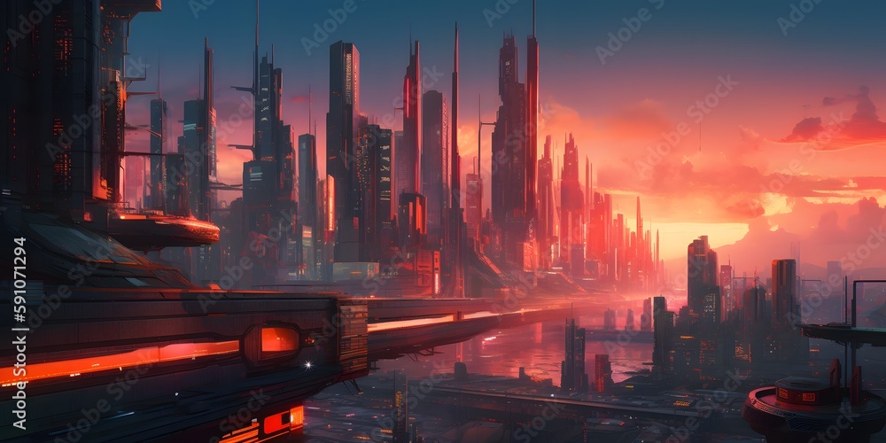 A futuristic cityscape with sleek and modern architecture, lit up by neon lights and a colorful sunset sky. Dystopian illustration. Generative Ai.