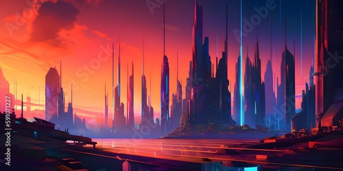 A futuristic cityscape with sleek and modern architecture, lit up by neon lights and a colorful sunset sky. Dystopian illustration. Generative Ai.