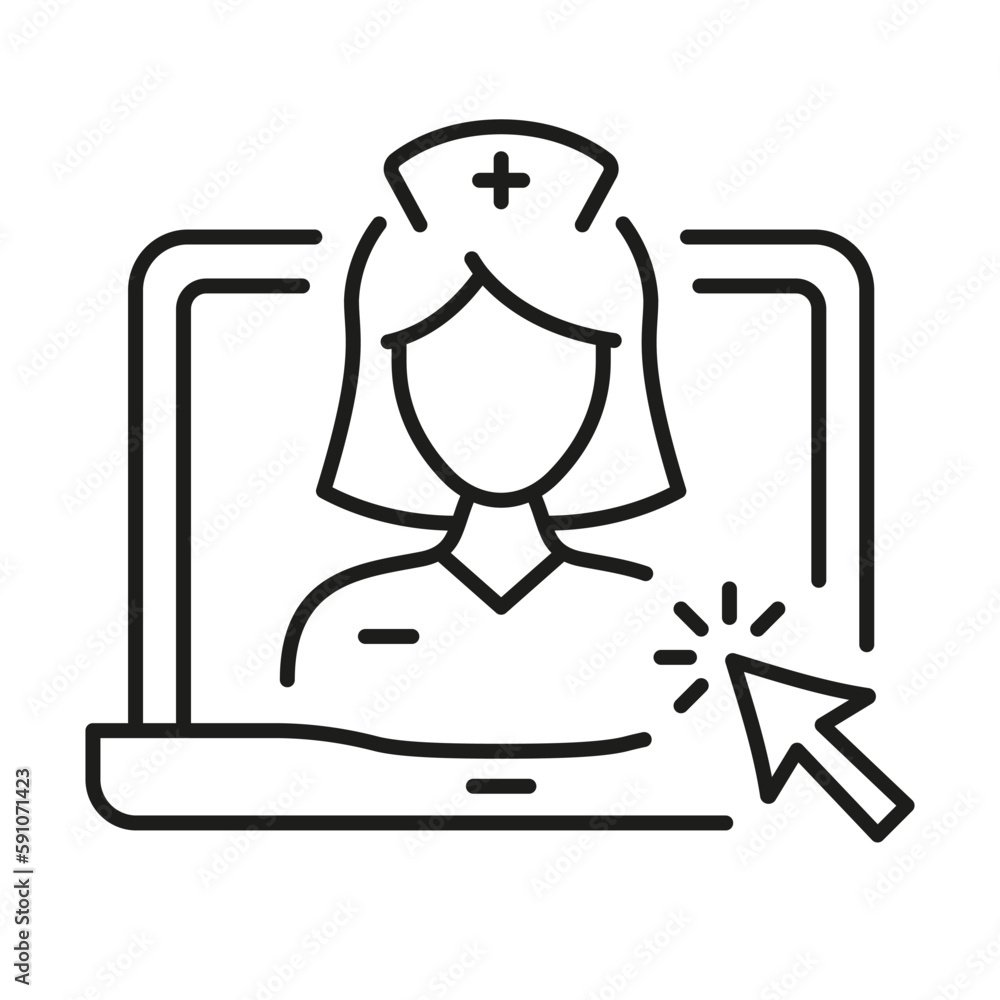 Remote Virtual Doctor Woman in Laptop Linear Pictogram. Physician Online Consultation. Video Medical Service Line Icon. Telemedicine Healthcare Symbol. Editable Stroke. Isolated Vector Illustration Remote Virtual Doctor Woman in Laptop Linear Pictogram. Physician Online Consultation. Video Medical Service Line Icon. Telemedicine Healthcare Symbol. Editable Stroke. Isolated Vector Illustration