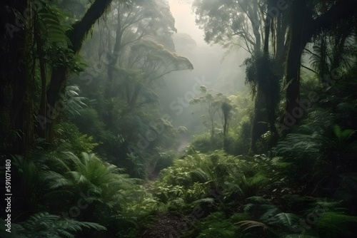 A panoramic view of a lush forest with tall trees and a misty atmosphere, showcasing the beauty and tranquility of nature. Generative Ai.