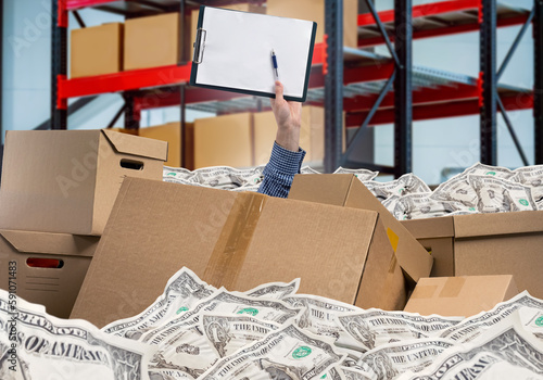 Hand among boxes and money....