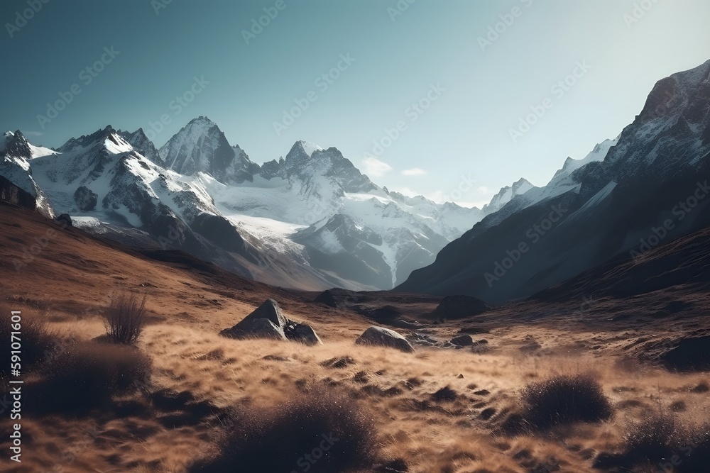 A stunning and serene landscape of a mountain range with a clear blue sky and snow-capped peaks. Generative ai.