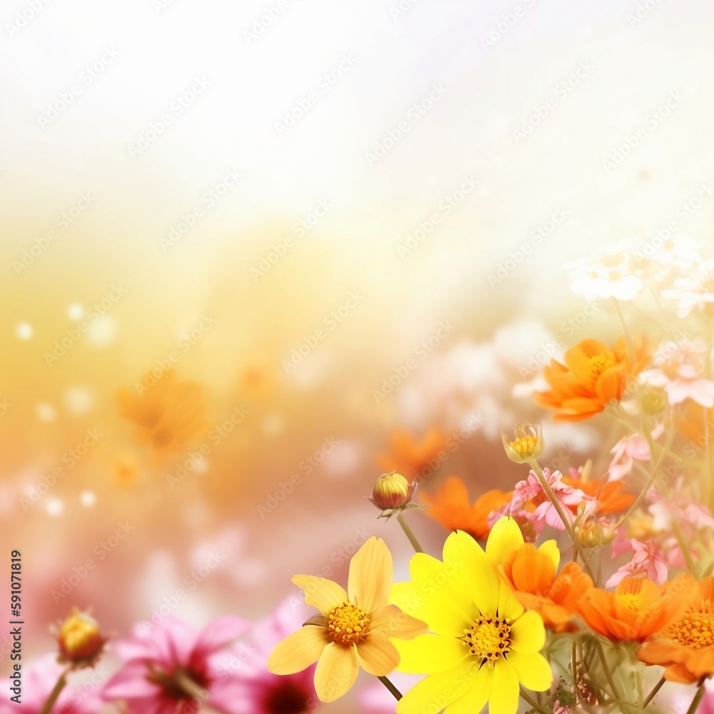 spring flowers background, warm colors, bright background. Created using generative AI.