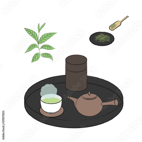 お盆に乗ったお茶とお茶の葉のイラスト
