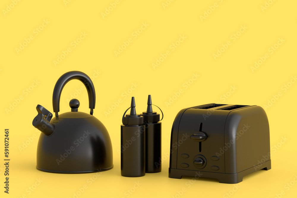 Toaster, kettle with kitchen utensil for preparation of breakfast on monochrome Toaster, kettle with kitchen utensil for preparation of breakfast on monochrome