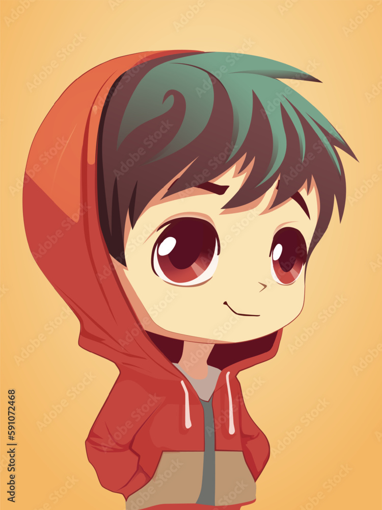 Cute green haired boy wearing red hoodie vector art illustration with orange background Cute green haired boy wearing red hoodie vector art illustration with orange background