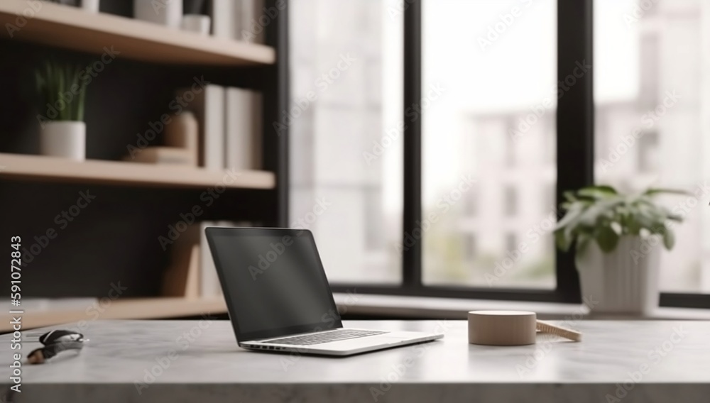 Modern Office Workspace with Laptop on Table for Business. Copy Space Available Modern Office Workspace with Laptop on Table for Business. Copy Space Available