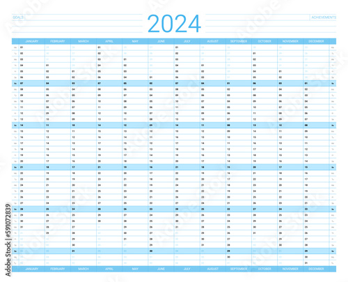 Wall yearly planner for 2024, organizer, schedule journal in blue color. Corporate business schedule journal template. Wall planner with space for personal notes vector illustration