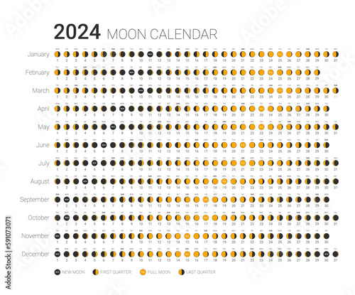 Moon calendar monthly cycle planner banner design template. 2024 year lunar astrological calendar, poster, card, moon schedule on white background vector illustration