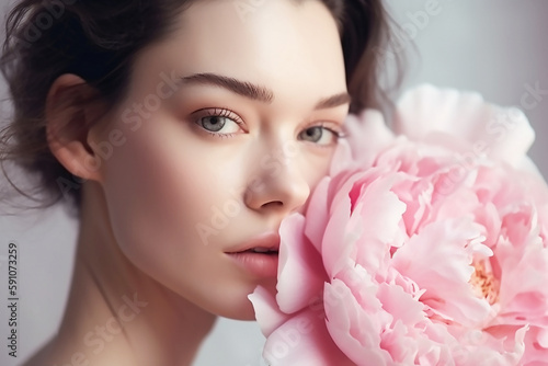 Woman with delicate peony flower. Cosmetology   beauty and spa  generative AI tools 