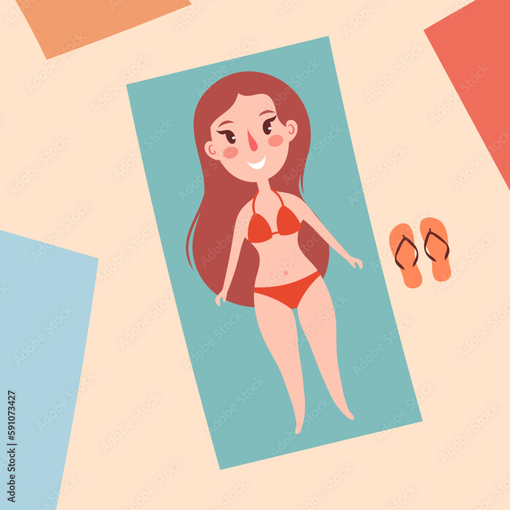 Cute illustration with a girl lying on the beach. Summer vector illustration Cute illustration with a girl lying on the beach. Summer vector illustration