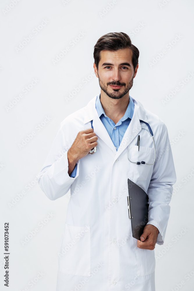 Man doctor in white coat with stethoscope and folder for notes and patient records smile and good test results look into camera on white isolated background, copy space, space for text, health Man doctor in white coat with stethoscope and folder for notes and patient records smile and good test results look into camera on white isolated background, copy space, space for text, health