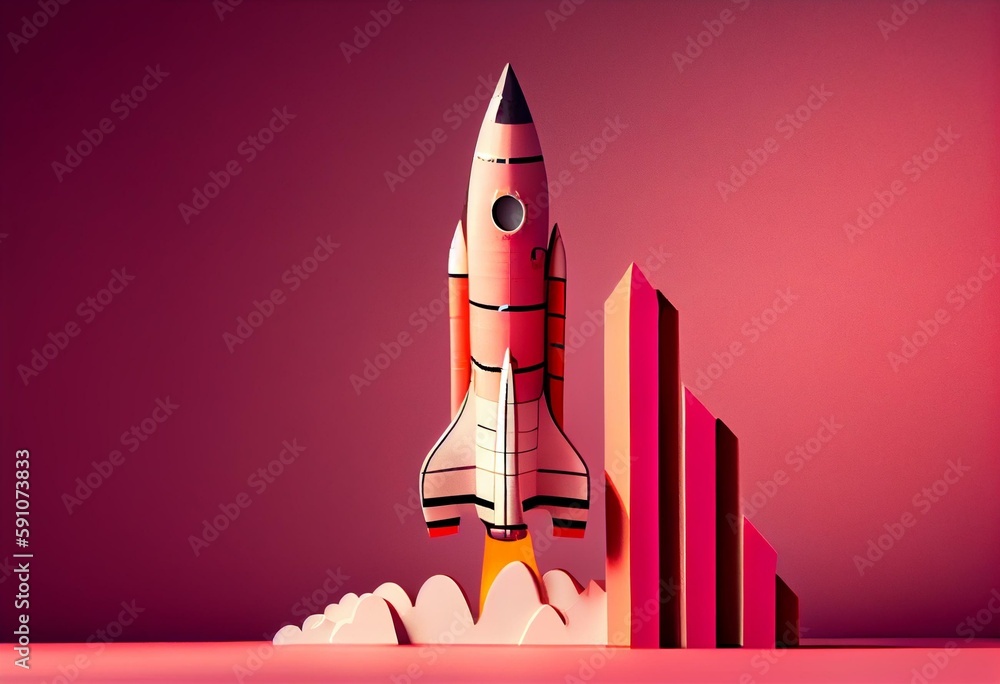 Space rocket with bar graph on a pink background. Startup, business concept. Generative AI