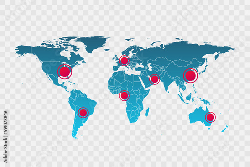 Vector world map infographic symbol. Icon with borders and red circle pointers. International global illustration sign. Design element for business, web, presentation, data report, media, news, blog