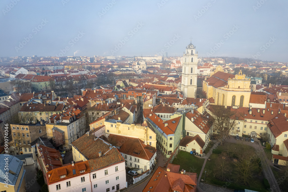 Aerial beautiful spring morning fog view of Vilnius Old Town, Lithuania