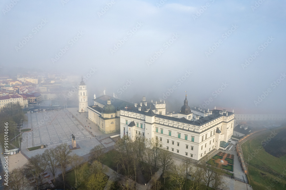 Aerial beautiful spring morning fog view of Vilnius Old Town, Cathedral Square, Lithuania