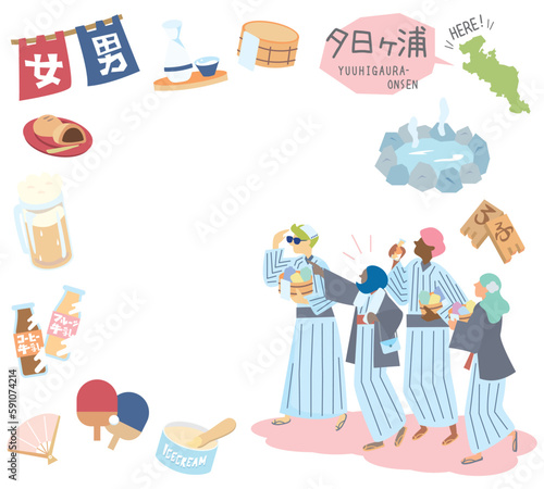 日本の京都の夕日ヶ浦温泉と温泉のアイコンと浴衣を着た外国からの観光客のセット（フラット）