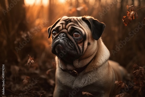 Illustration of a pug dog sitting in the middle of a forest at golden hour - created by Generative AI created with Generative AI technology