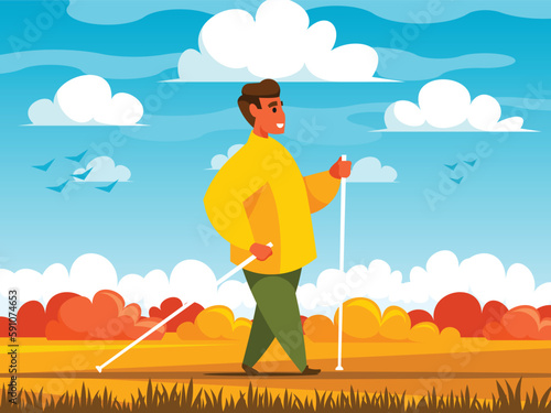 Nordic walking. Happy man walking with Scandinavian sticks. Sports walking concept. Sports and health theme. Cartoon autumn nature background with lawn, path, bushes and cloudy sky. Vector graphics