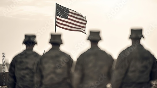 American Soldiers are standing with their backs, looking at the Flag of the USA. Memorial Day and Veterans Day Banner format. Generative AI
