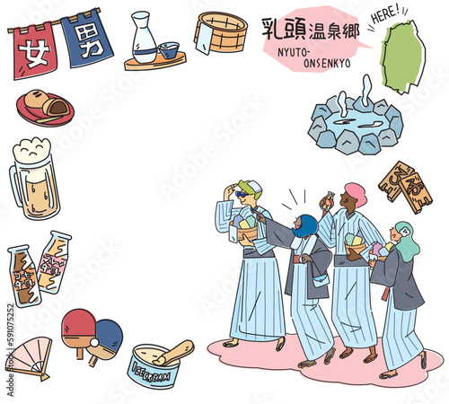 日本の秋田の乳頭温泉郷と温泉のアイコンと浴衣を着た外国からの観光客のセット（線画）