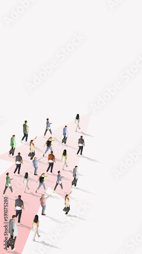 One way movement. Aerial view on group of different people walking same direction against white background. Mass media manipulation. Human cooperation  online lifestyle  internet. Vertical layout