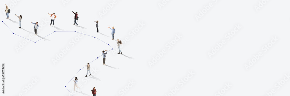 Aerial view of many different people with gadgets connected with online, social media lines over white background. Human cooperation, online technologies, lifestyle concept. Banner. Copy space for ad Aerial view of many different people with gadgets connected with online, social media lines over white background. Human cooperation, online technologies, lifestyle concept. Banner. Copy space for ad