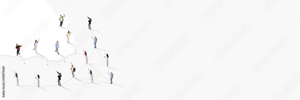Aerial view of crowd of young different people connected with social media lines on white background. Concept of human cooperation, online technologies, modern lifestyle. Banner. Copy space for ad Aerial view of crowd of young different people connected with social media lines on white background. Concept of human cooperation, online technologies, modern lifestyle. Banner. Copy space for ad