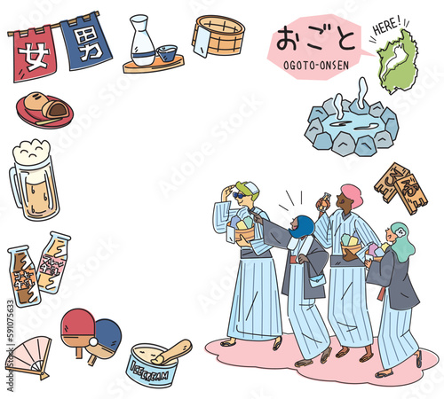 日本の滋賀のおごと温泉と温泉のアイコンと浴衣を着た外国からの観光客のセット（線画）
