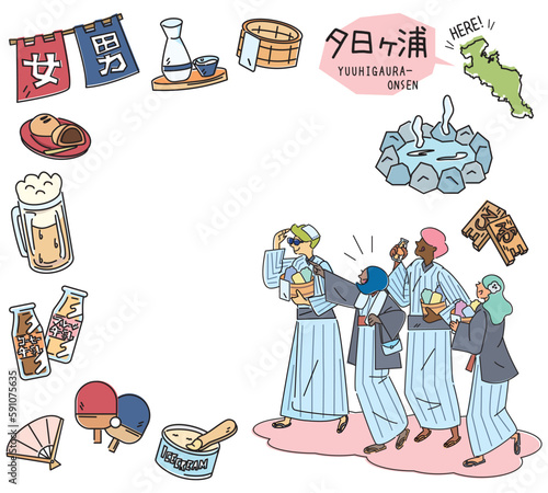 日本の京都の夕日ヶ浦温泉と温泉のアイコンと浴衣を着た外国からの観光客のセット（線画）
