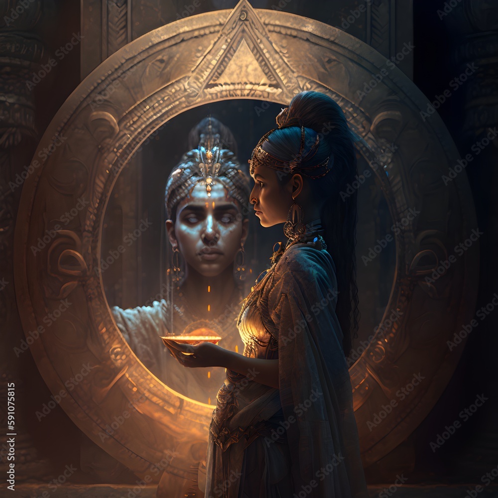 The priestess of Ahura Mazda looking in the mirror the reflection of