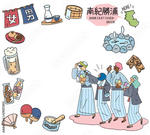 日本の和歌山の南紀勝浦と温泉のアイコンと浴衣を着た外国からの観光客のセット（線画）