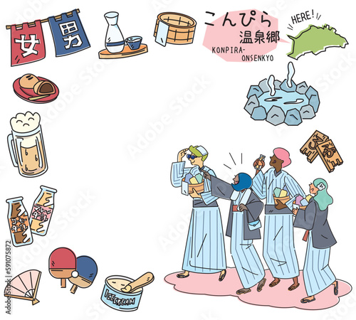 日本の香川のこんぴらと温泉のアイコンと浴衣を着た外国からの観光客のセット（線画）