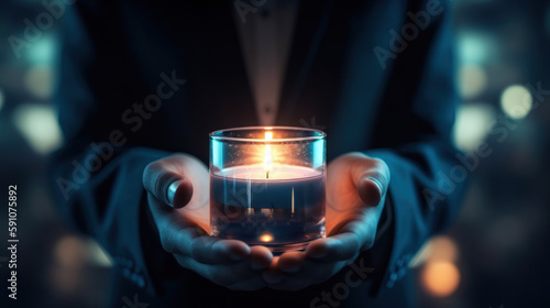 Businessman holds a candle in his palms, prays for success and business development created with generative AI technology